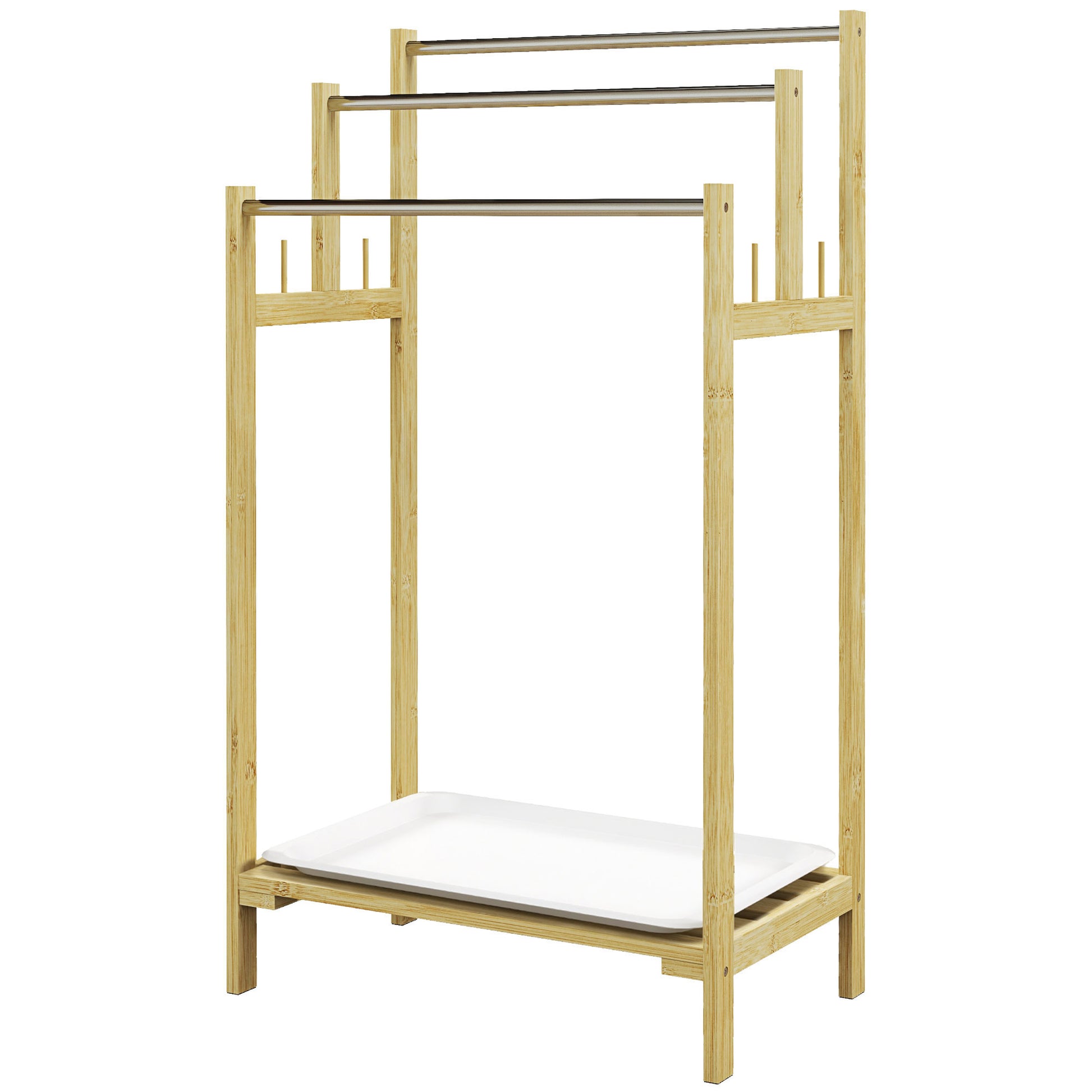 Bamboo Towel Rack with 3 Bars, Storage Shelf, 4 Hooks, and Removable Tray, Freestanding Towel Stand for Bathroom and Laundry Room, Natural Finish