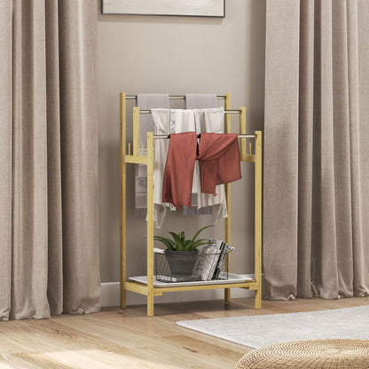 Bamboo Towel Rack with 3 Bars, Storage Shelf, 4 Hooks, and Removable Tray, Freestanding Towel Stand for Bathroom and Laundry Room, Natural Finish