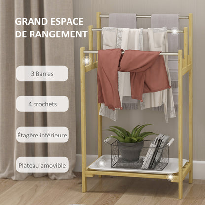 Bamboo Towel Rack with 3 Bars, Storage Shelf, 4 Hooks, and Removable Tray, Freestanding Towel Stand for Bathroom and Laundry Room, Natural Finish