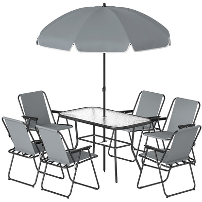 8-Piece Outdoor Patio Set — Table with Tempered Glass Top, 6 Folding Chairs & Parasol, Rust-Resistant Steel Frame, Grey