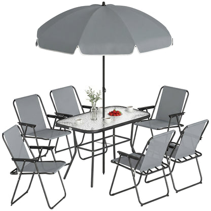 8-Piece Outdoor Patio Set — Table with Tempered Glass Top, 6 Folding Chairs & Parasol, Rust-Resistant Steel Frame, Grey