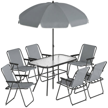 8-Piece Outdoor Patio Set — Table with Tempered Glass Top, 6 Folding Chairs & Parasol, Rust-Resistant Steel Frame, Grey