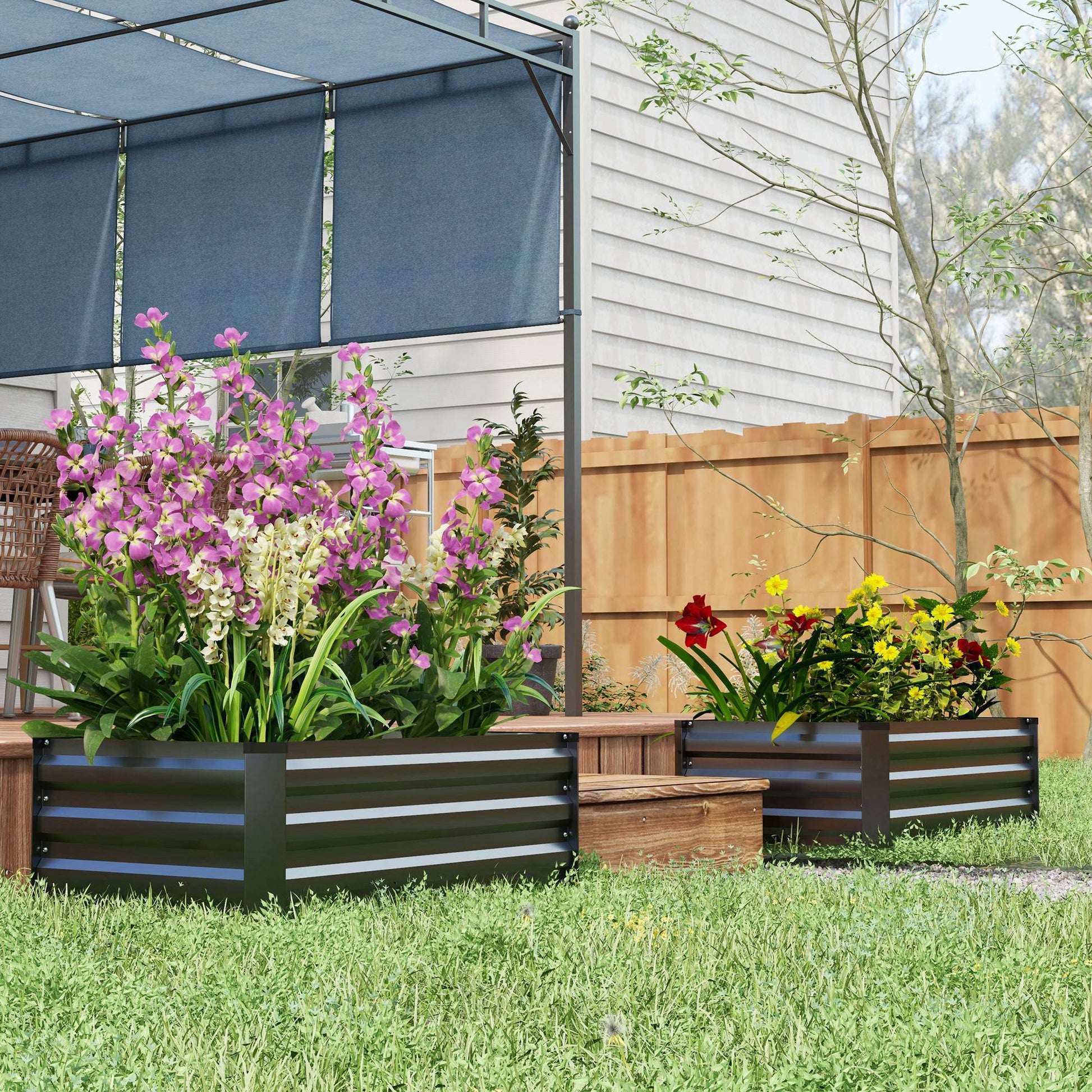 Set of 2 Rectangular Steel Outdoor Planters Urban Garden for Crops Plants Flowers for Patio Garden 100x60x30 cm Dark Grey