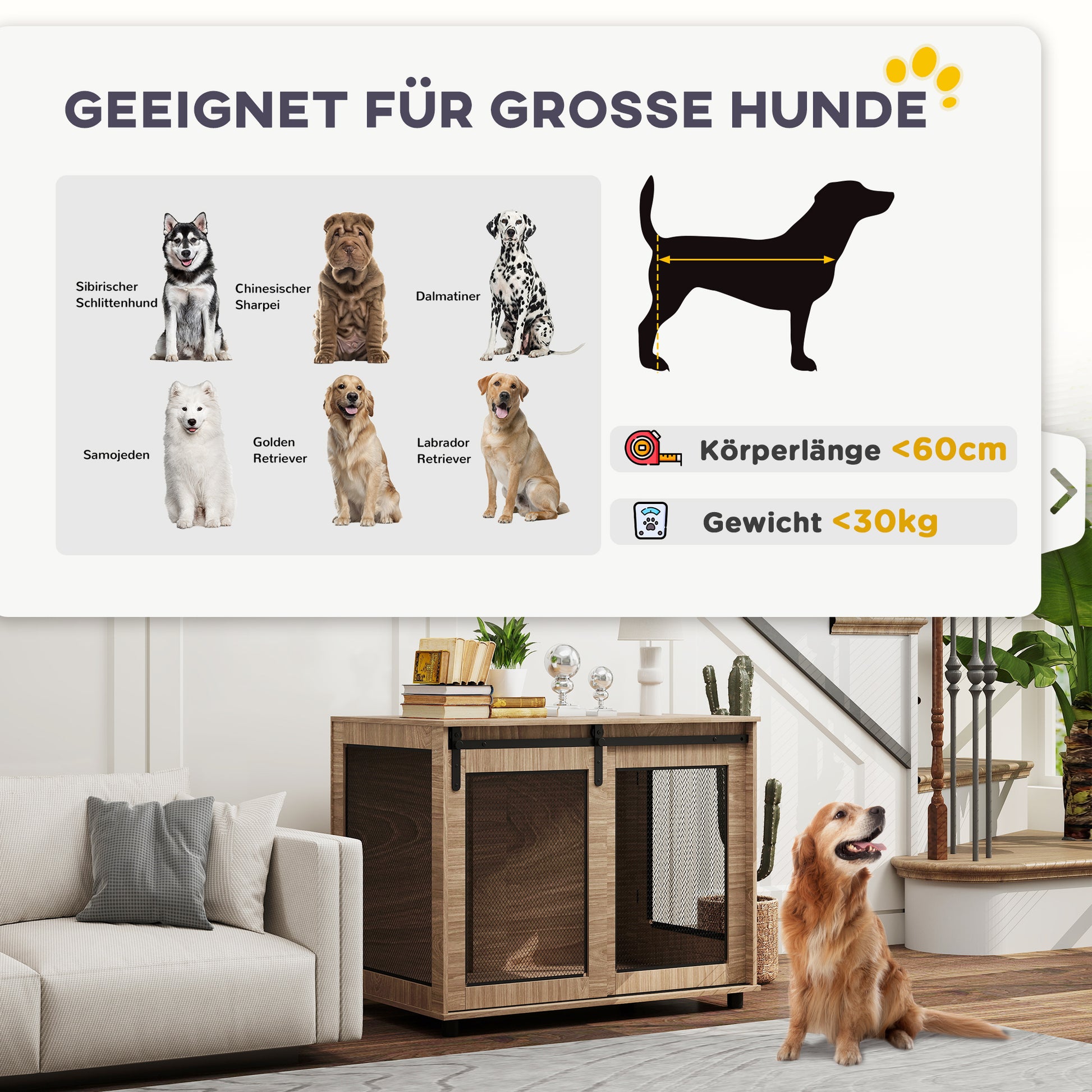 Dog Cage Furniture with 2 Lockable Sliding Doors Metal Elevated Dog Box for Home Indoor Dog House for Large Dogs up to 30 kg Side Table Dog Kennel 98 x 60 x 78 cm, Walnut