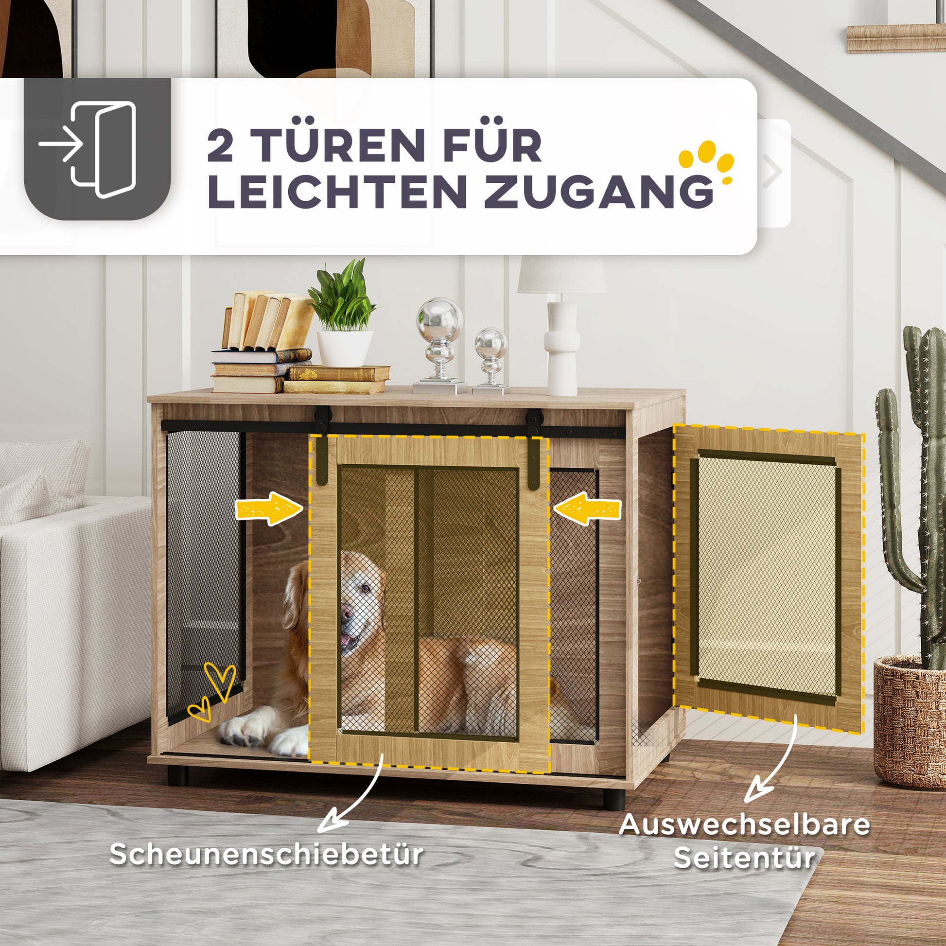 Dog Cage Furniture with 2 Lockable Sliding Doors Metal Elevated Dog Box for Home Indoor Dog House for Large Dogs up to 30 kg Side Table Dog Kennel 98 x 60 x 78 cm, Walnut