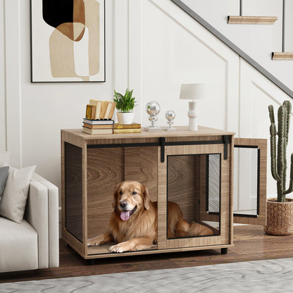 Dog Cage Furniture with 2 Lockable Sliding Doors Metal Elevated Dog Box for Home Indoor Dog House for Large Dogs up to 30 kg Side Table Dog Kennel 98 x 60 x 78 cm, Walnut