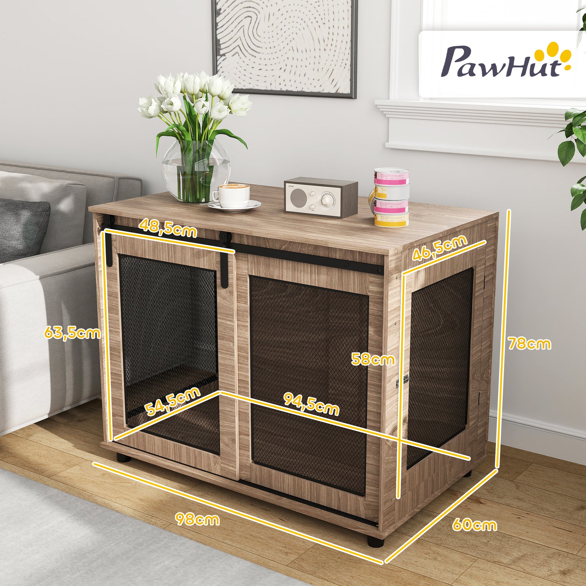 Dog Cage Furniture with 2 Lockable Sliding Doors Metal Elevated Dog Box for Home Indoor Dog House for Large Dogs up to 30 kg Side Table Dog Kennel 98 x 60 x 78 cm, Walnut