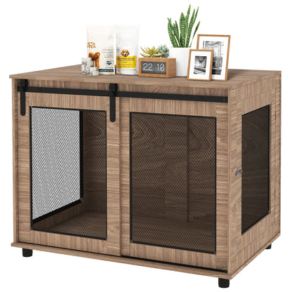 Dog Cage Furniture with 2 Lockable Sliding Doors Metal Elevated Dog Box for Home Indoor Dog House for Large Dogs up to 30 kg Side Table Dog Kennel 98 x 60 x 78 cm, Walnut