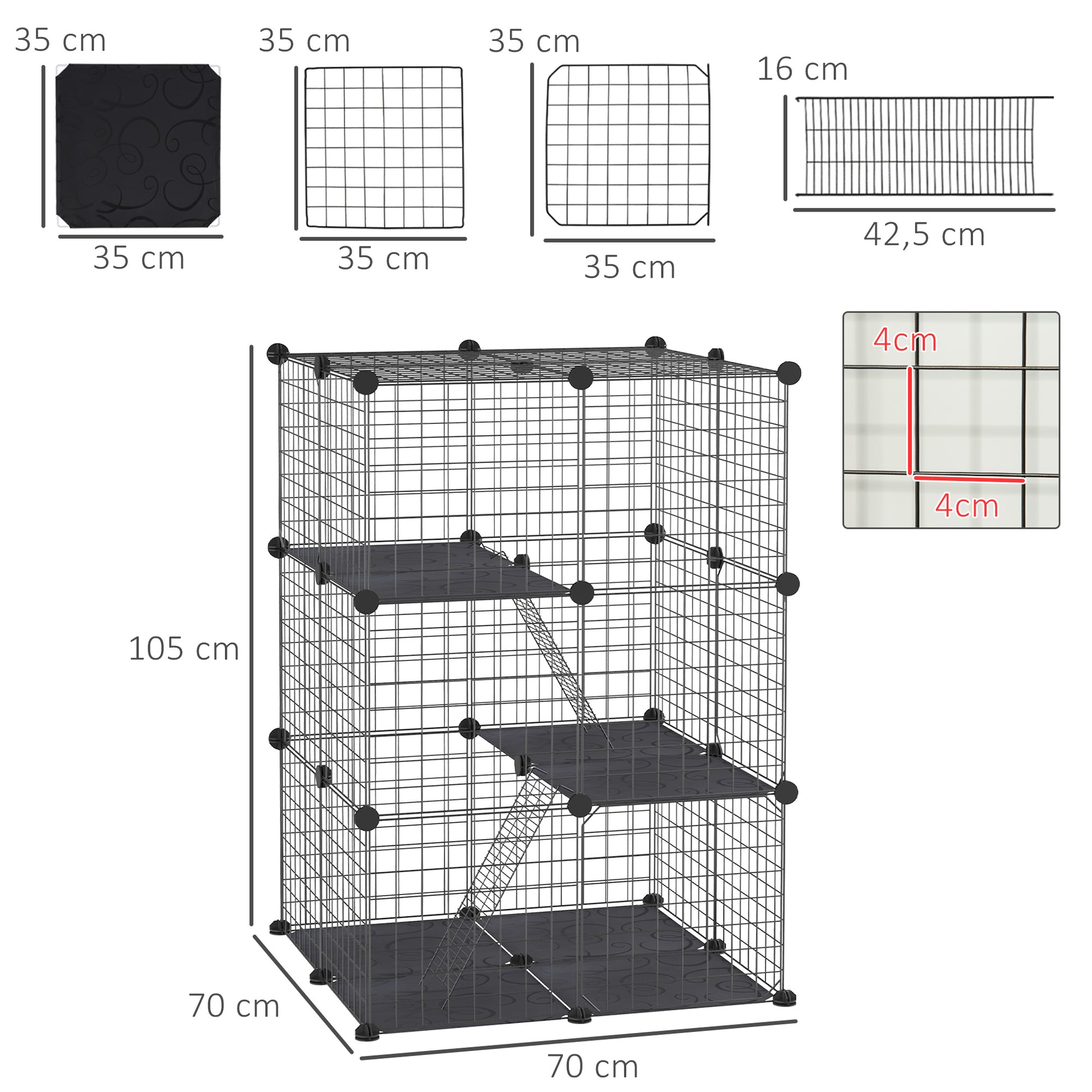 Small Animal Cage 38-Panels Pet Playpen Customizable Shape Metal Fence for Guinea Pigs Rabbits Chinchillas 70x70x105 cm Black