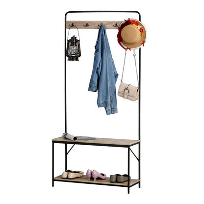 Coat Rack with Bench and Shoe Rack in Industrial Style, Vintage Wooden and Black Steel Entryway Furniture