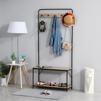 Coat Rack with Bench and Shoe Rack in Industrial Style, Vintage Wooden and Black Steel Entryway Furniture