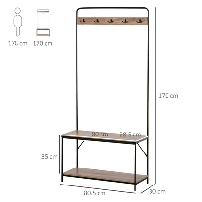 Coat Rack with Bench and Shoe Rack in Industrial Style, Vintage Wooden and Black Steel Entryway Furniture