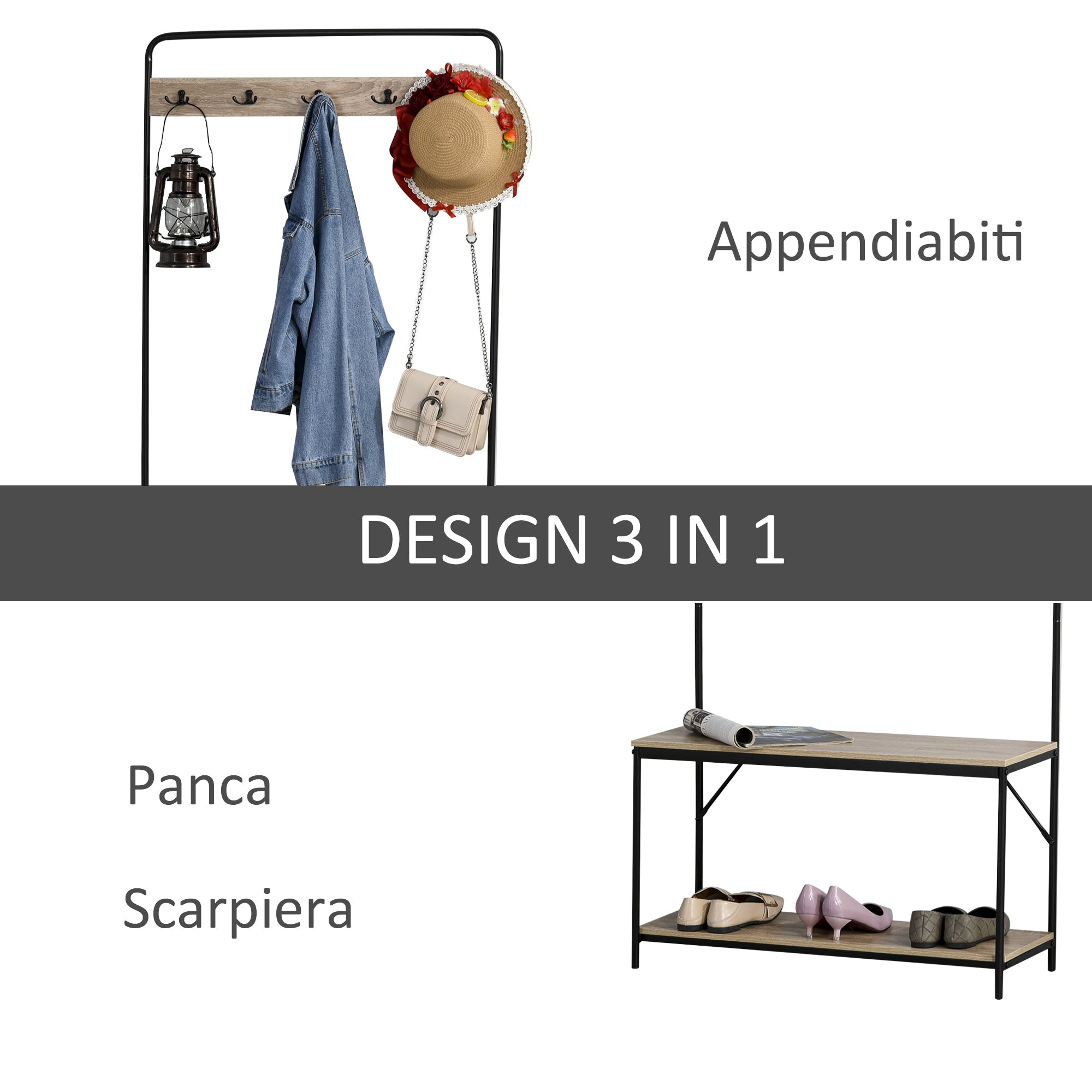 Coat Rack with Bench and Shoe Rack in Industrial Style, Vintage Wooden and Black Steel Entryway Furniture