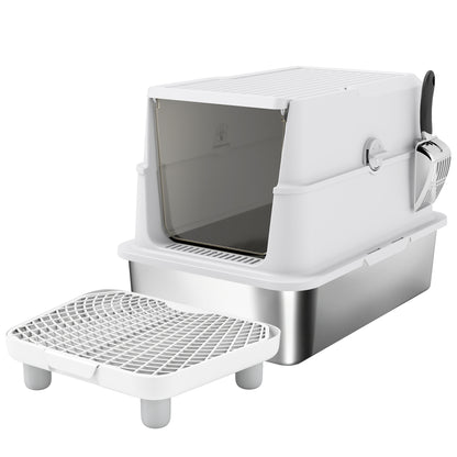 XL Stainless Steel Covered Cat Litter Box with Scoop & Deodorizer — Light Gray