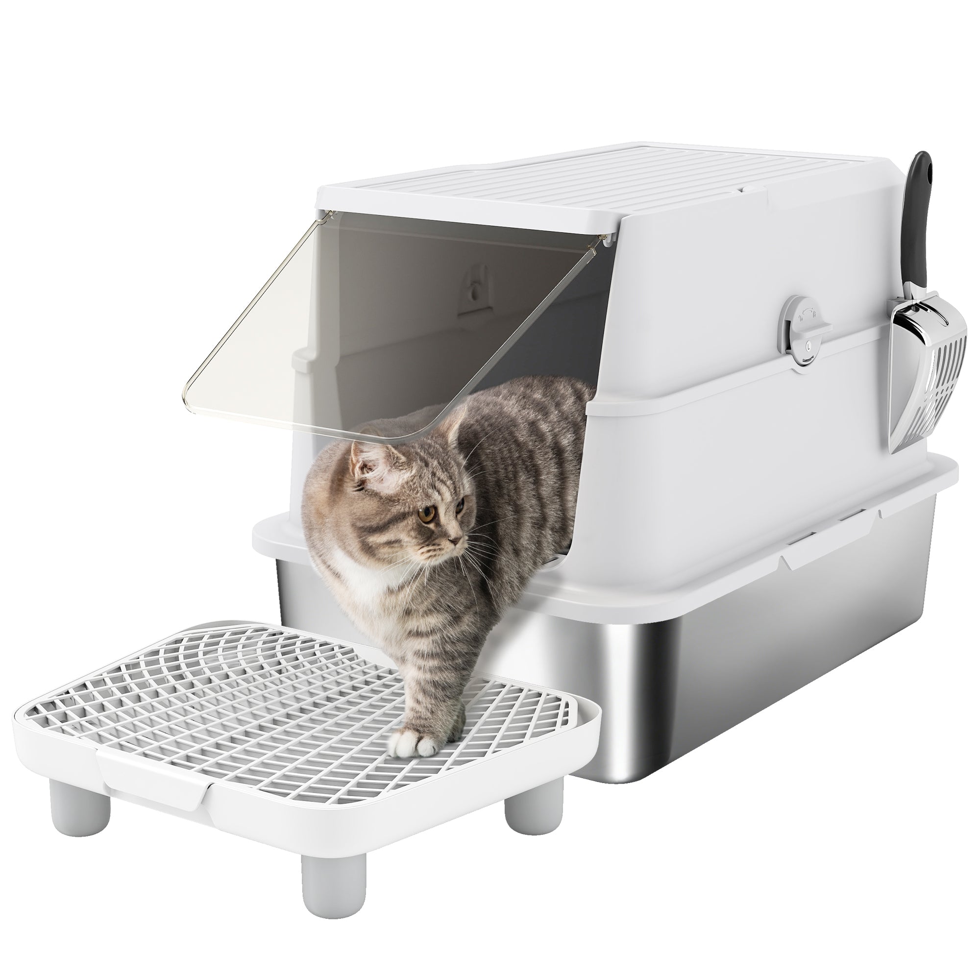 XL Stainless Steel Covered Cat Litter Box with Scoop & Deodorizer — Light Gray