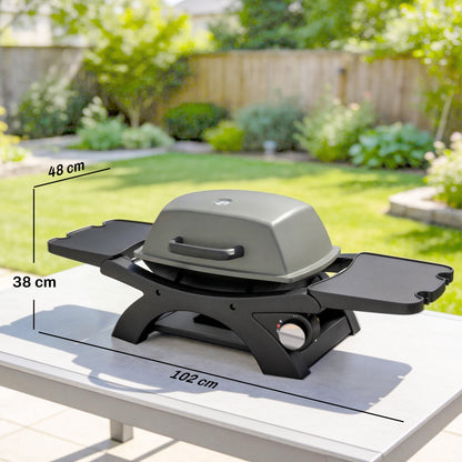 3.3 kW Portable Tabletop Gas Grill — 1 Burner, Foldable Side Shelves, Cast-Iron Grates, Removable Drip Tray & Thermometer — Patio & Balcony BBQ