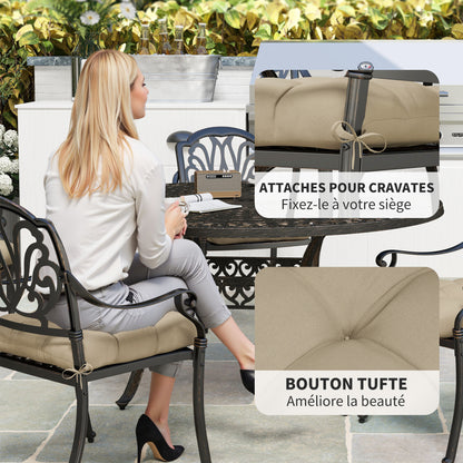 Set of 4 garden chair cushions, Tufted outdoor cushions, 10 cm padding with ties, dim. 48W x 48D cm, Khaki