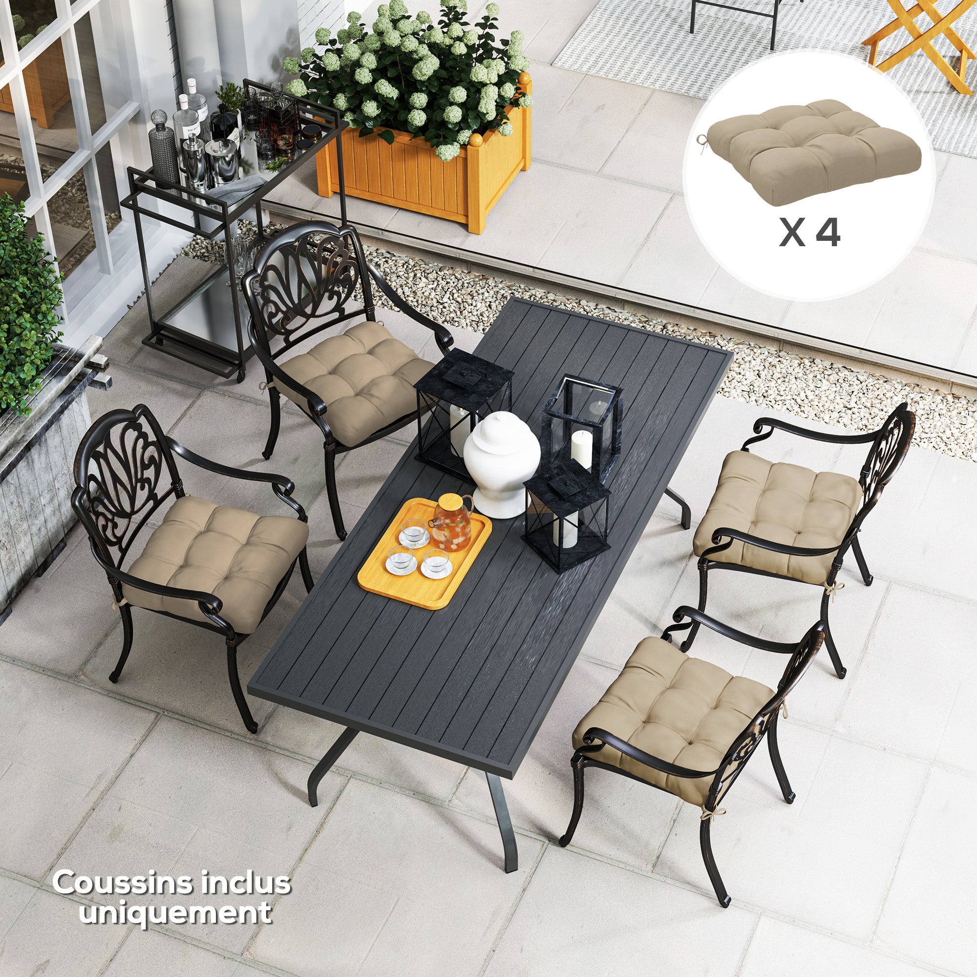 Set of 4 garden chair cushions, Tufted outdoor cushions, 10 cm padding with ties, dim. 48W x 48D cm, Khaki