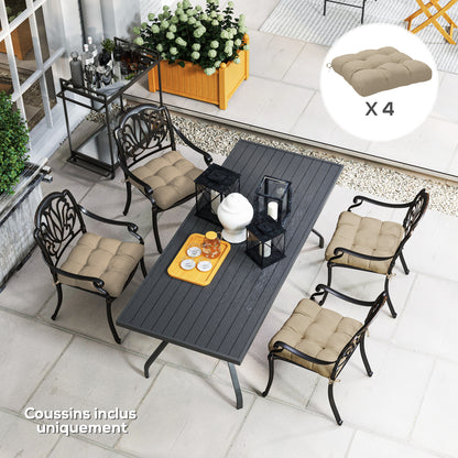 Set of 4 garden chair cushions, Tufted outdoor cushions, 10 cm padding with ties, dim. 48W x 48D cm, Khaki