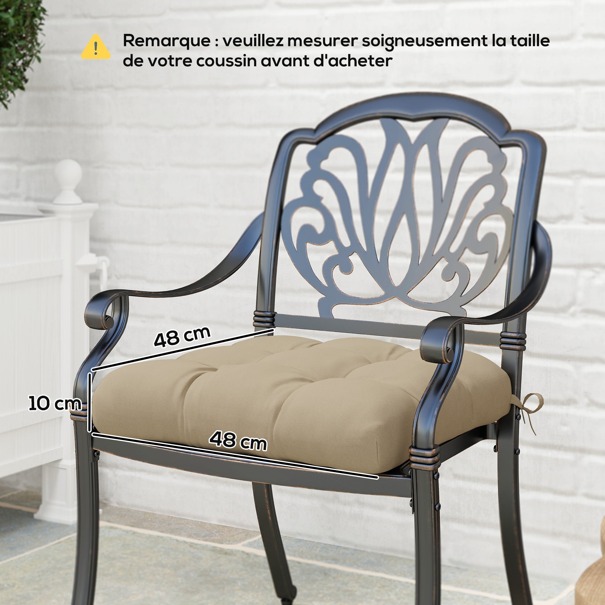 Set of 4 garden chair cushions, Tufted outdoor cushions, 10 cm padding with ties, dim. 48W x 48D cm, Khaki