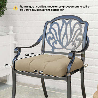 Set of 4 garden chair cushions, Tufted outdoor cushions, 10 cm padding with ties, dim. 48W x 48D cm, Khaki