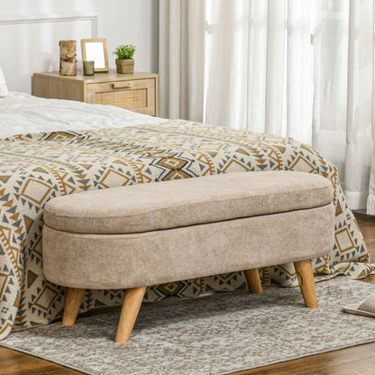End of Bed Bench with Wooden Legs and Padded Seat 120 kg Capacity Oval Storage Ottoman for Bedroom Entryway Hallway Beige