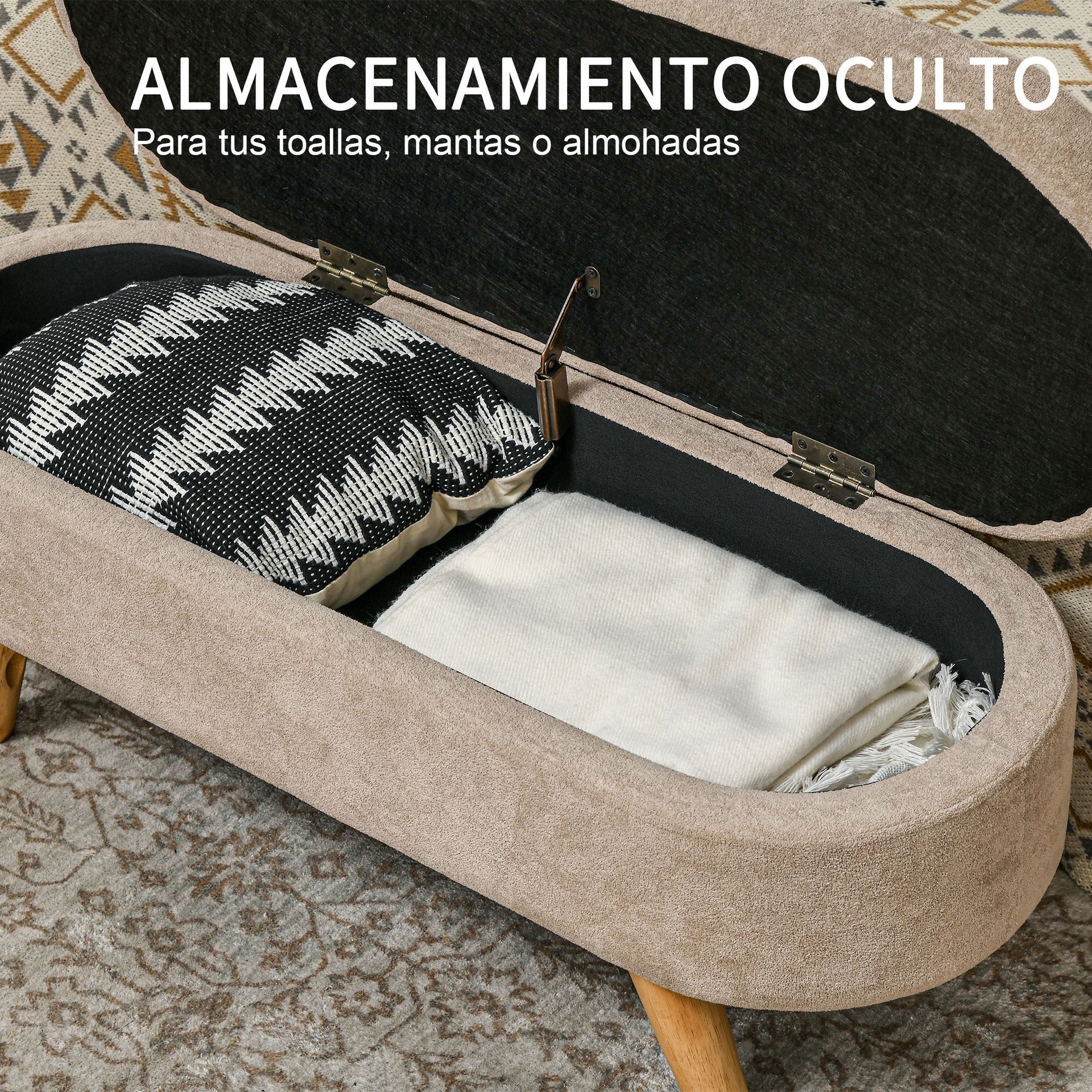 End of Bed Bench with Wooden Legs and Padded Seat 120 kg Capacity Oval Storage Ottoman for Bedroom Entryway Hallway Beige