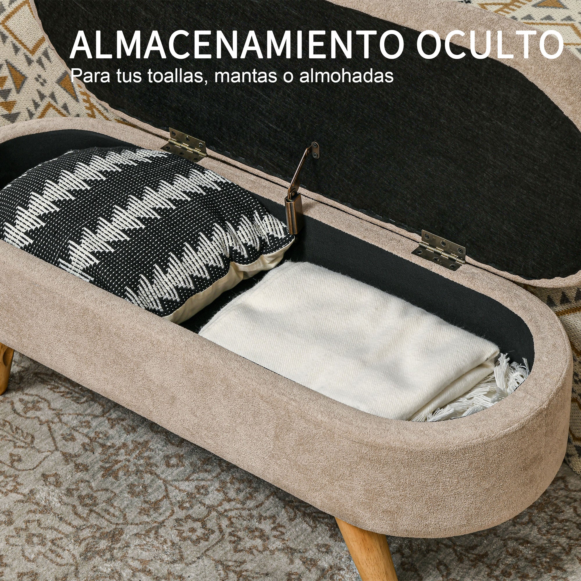 End of Bed Bench with Wooden Legs and Padded Seat 120 kg Capacity Oval Storage Ottoman for Bedroom Entryway Hallway Beige
