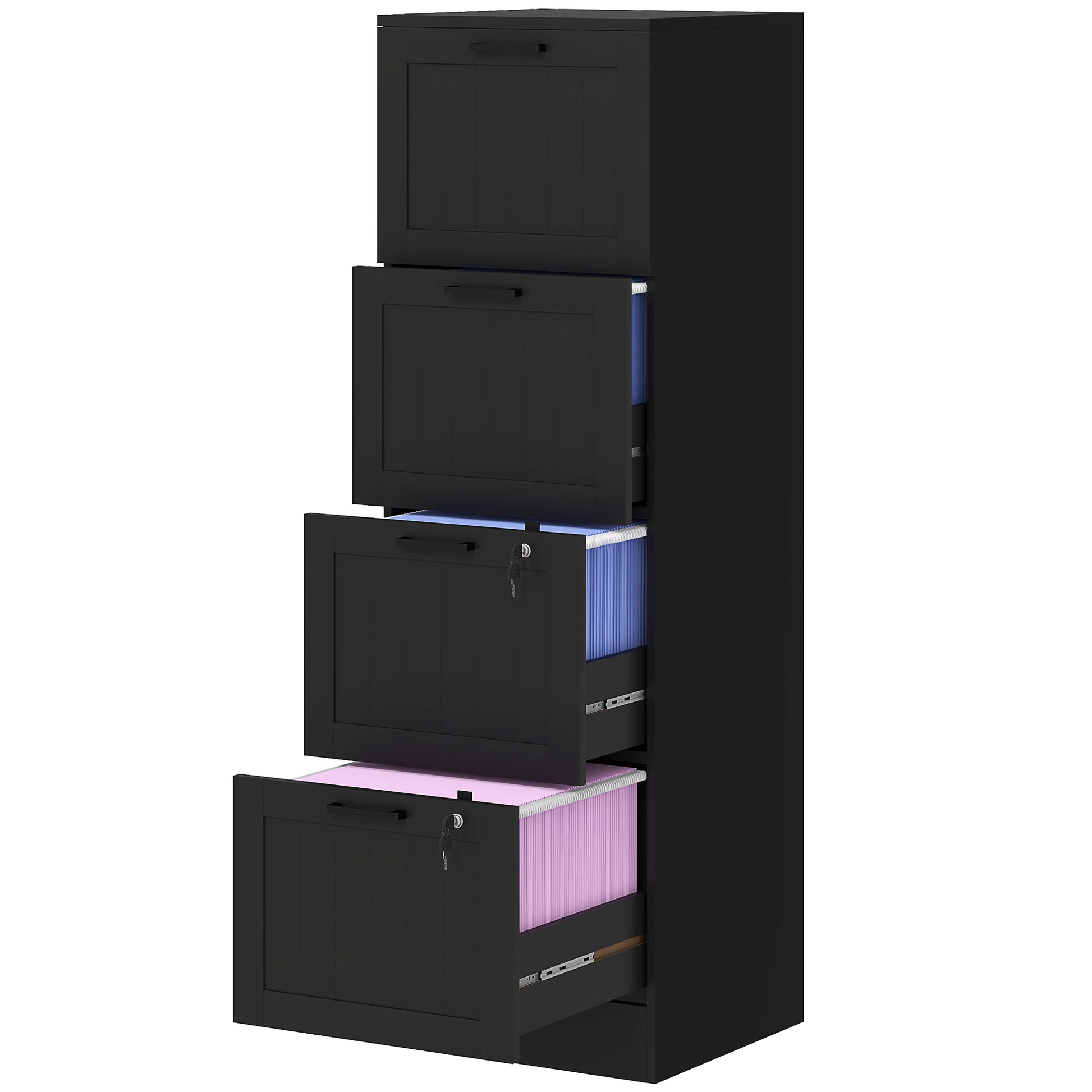 4-Drawer Document Holder with Adjustable Rail, 2 Keys and 2 Locks, MDF Office Cabinet Suitable for A4 and Letter Size Files, 40x40x131 cm, Black