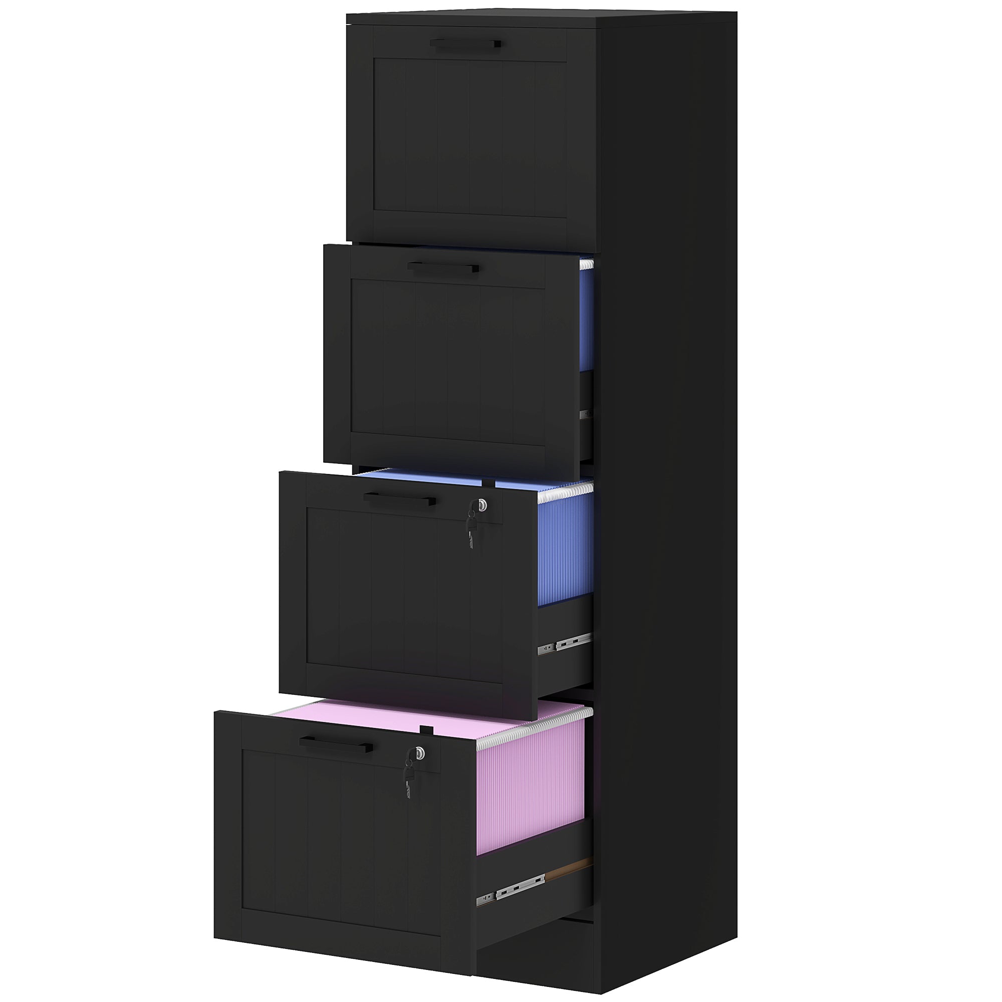 4-Drawer Document Holder with Adjustable Rail, 2 Keys and 2 Locks, MDF Office Cabinet Suitable for A4 and Letter Size Files, 40x40x131 cm, Black