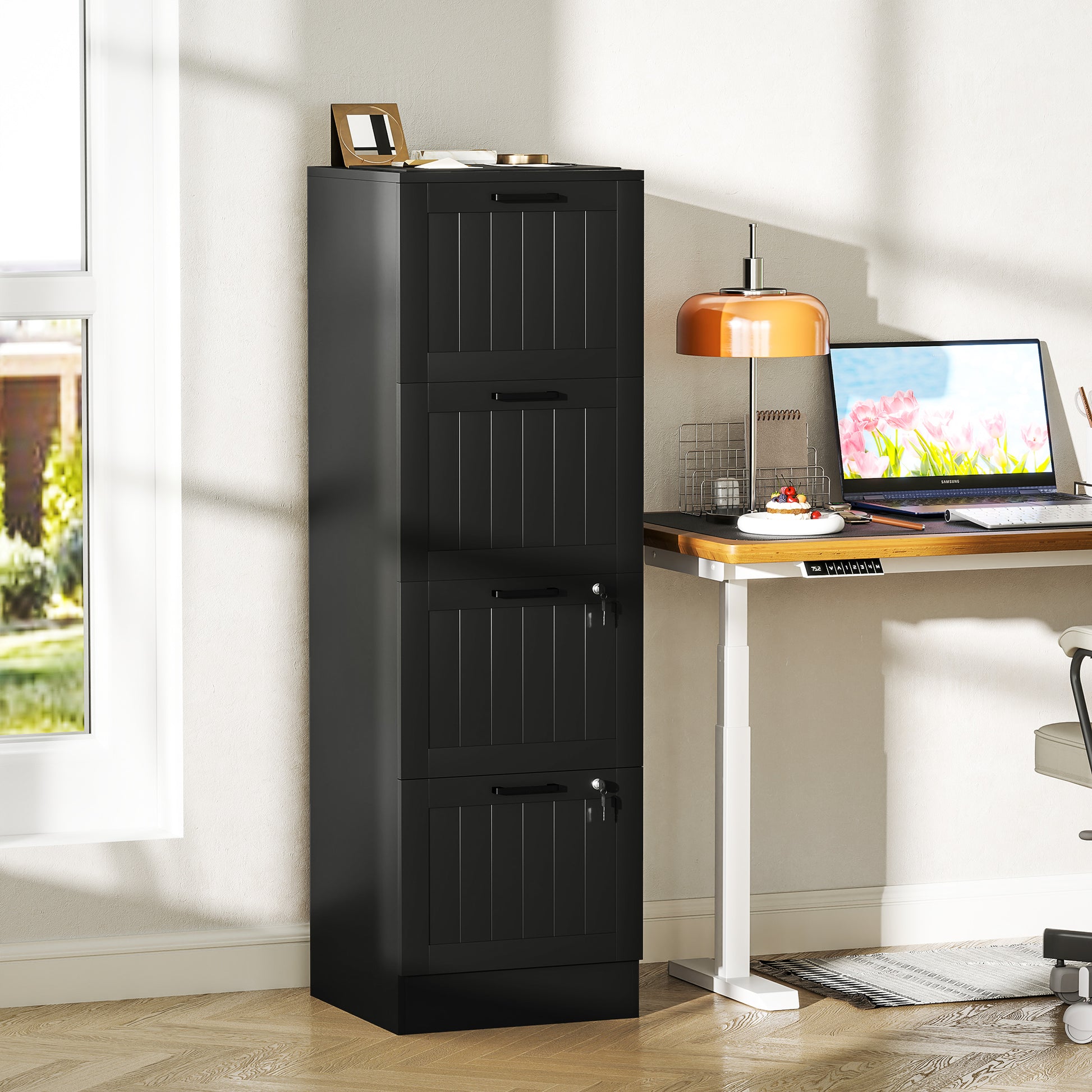 4-Drawer Document Holder with Adjustable Rail, 2 Keys and 2 Locks, MDF Office Cabinet Suitable for A4 and Letter Size Files, 40x40x131 cm, Black
