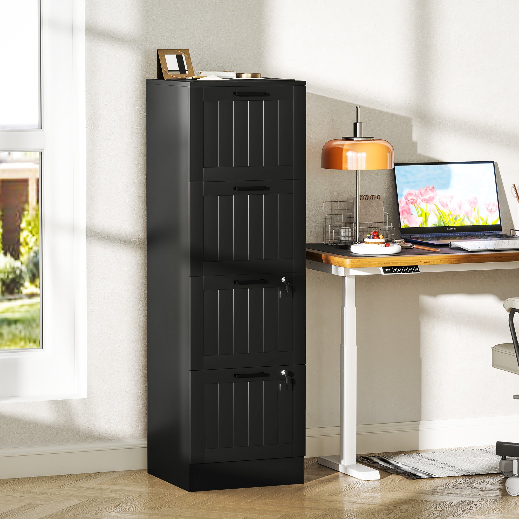 4-Drawer Document Holder with Adjustable Rail, 2 Keys and 2 Locks, MDF Office Cabinet Suitable for A4 and Letter Size Files, 40x40x131 cm, Black