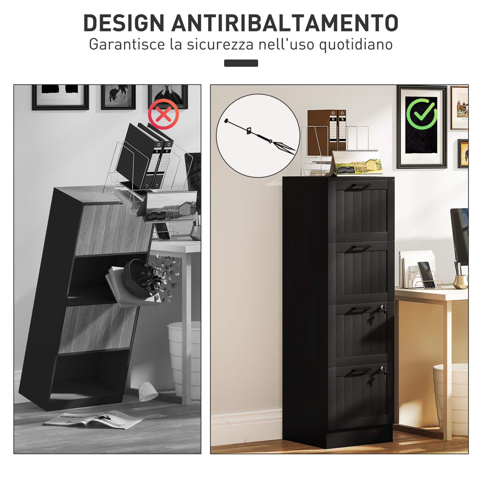 4-Drawer Document Holder with Adjustable Rail, 2 Keys and 2 Locks, MDF Office Cabinet Suitable for A4 and Letter Size Files, 40x40x131 cm, Black