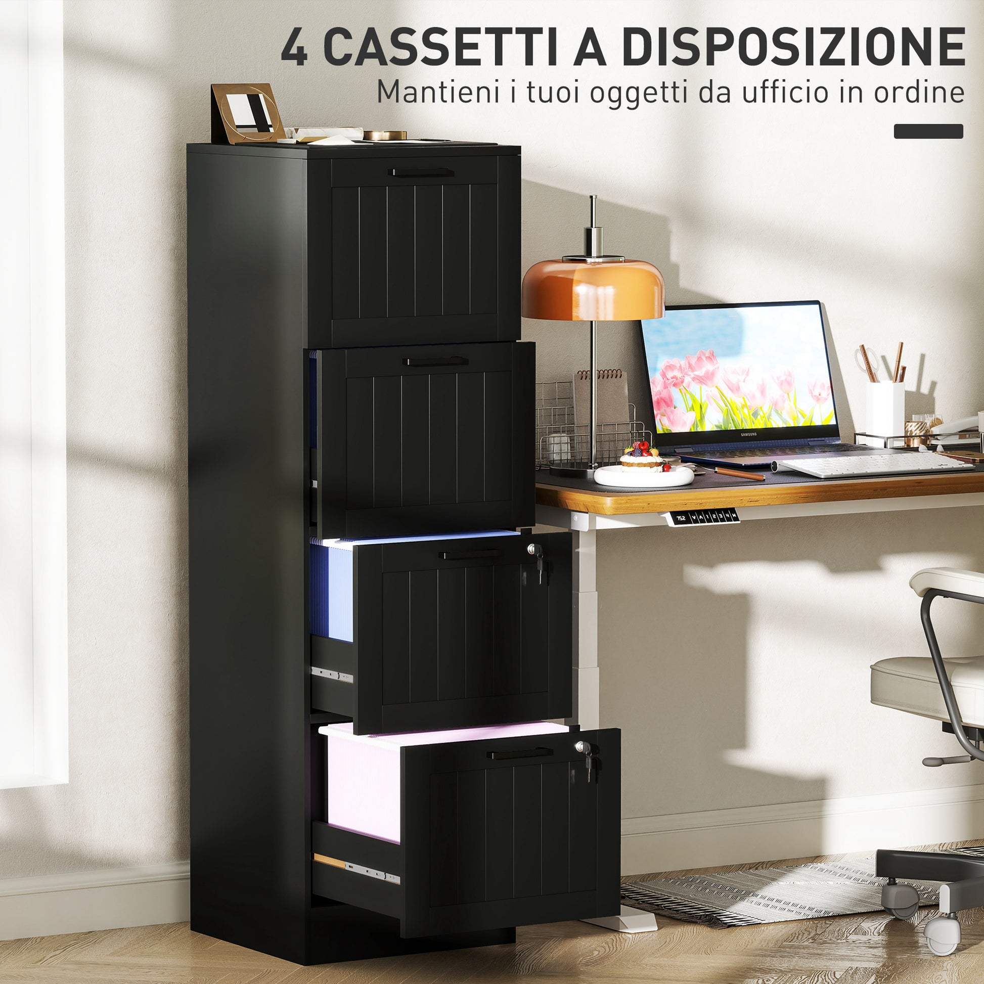 4-Drawer Document Holder with Adjustable Rail, 2 Keys and 2 Locks, MDF Office Cabinet Suitable for A4 and Letter Size Files, 40x40x131 cm, Black