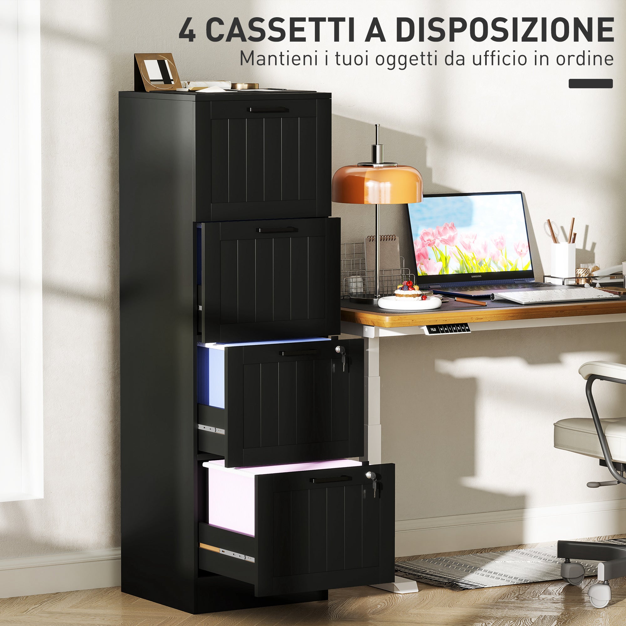 4-Drawer Document Holder with Adjustable Rail, 2 Keys and 2 Locks, MDF Office Cabinet Suitable for A4 and Letter Size Files, 40x40x131 cm, Black