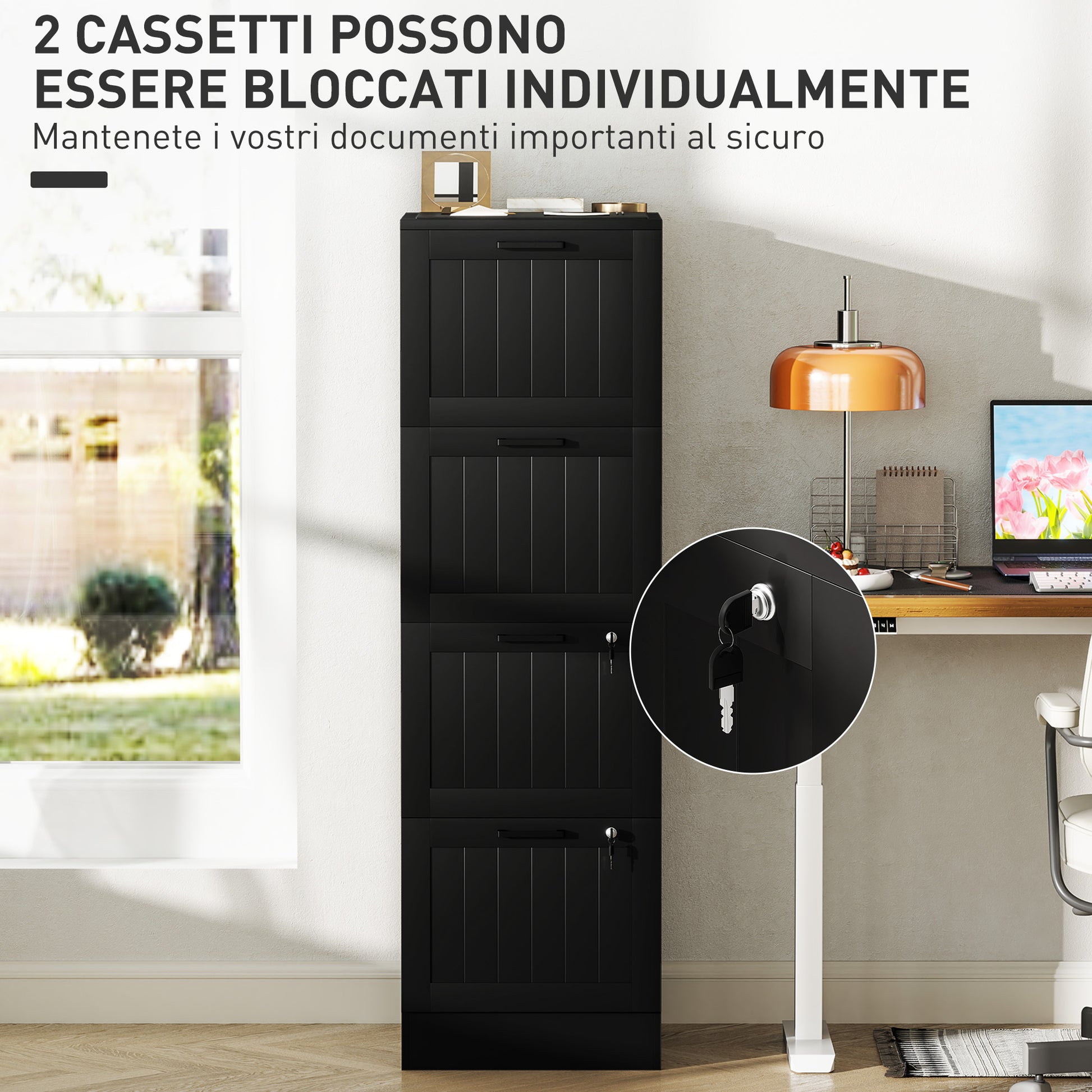 4-Drawer Document Holder with Adjustable Rail, 2 Keys and 2 Locks, MDF Office Cabinet Suitable for A4 and Letter Size Files, 40x40x131 cm, Black