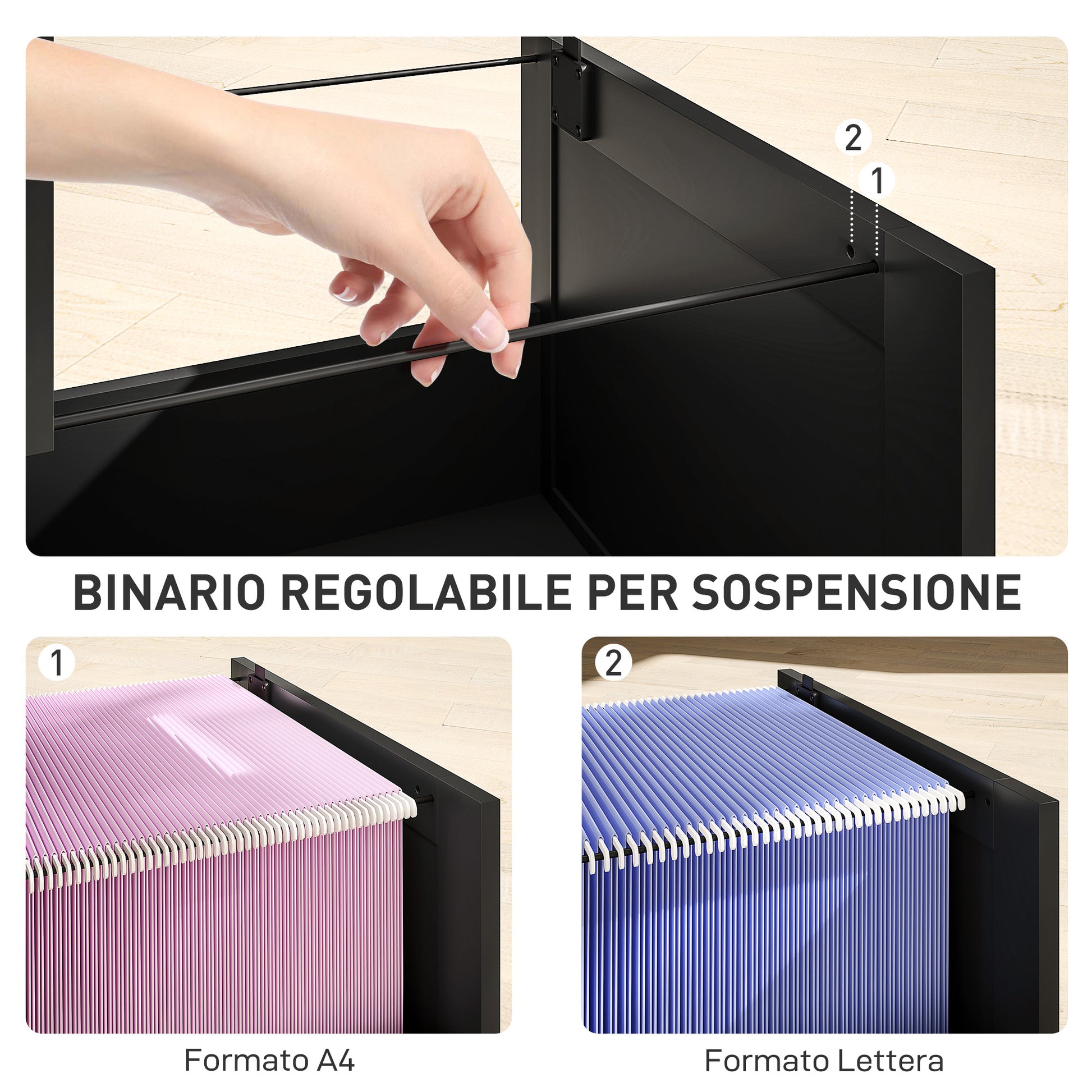 4-Drawer Document Holder with Adjustable Rail, 2 Keys and 2 Locks, MDF Office Cabinet Suitable for A4 and Letter Size Files, 40x40x131 cm, Black