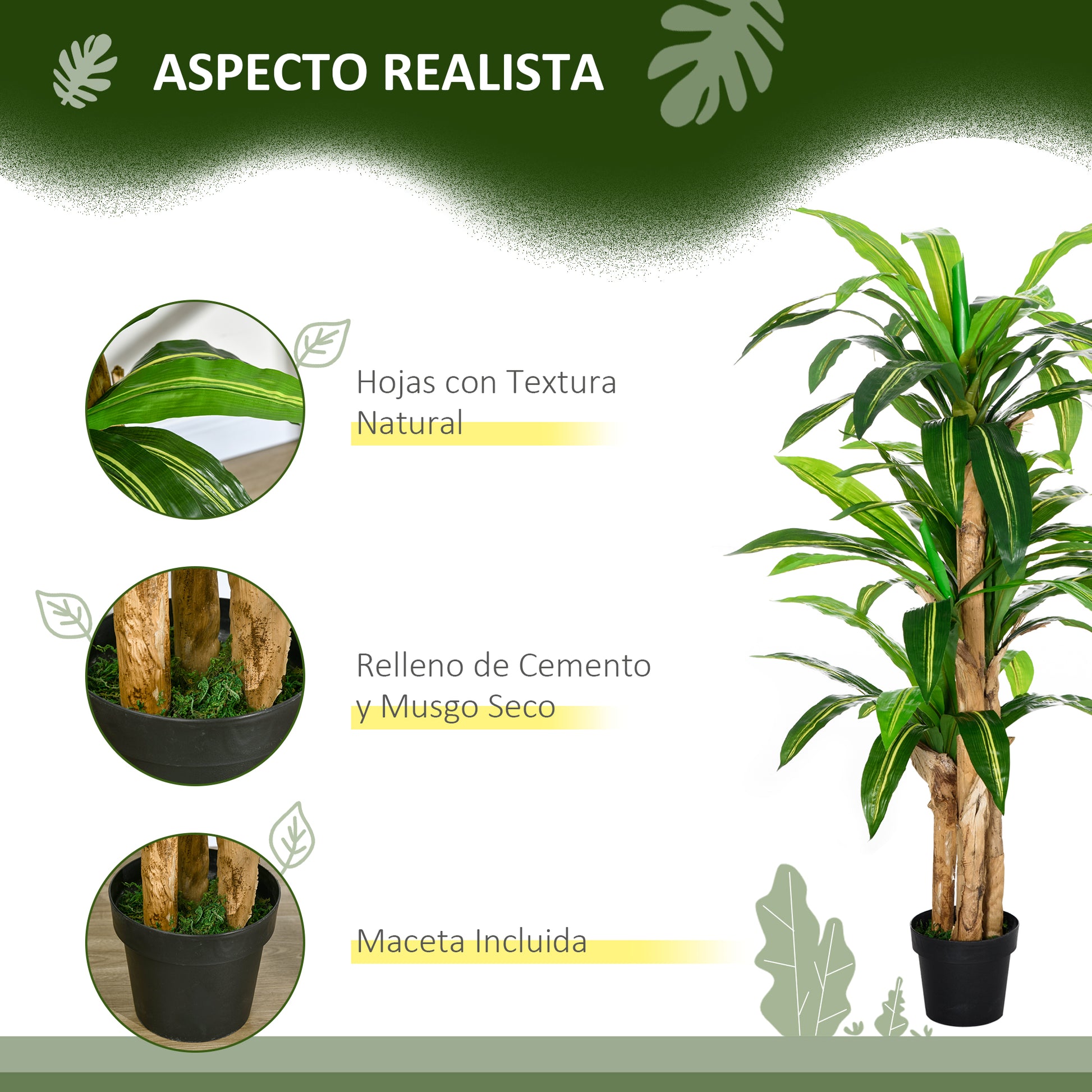 Artificial Dracaena 160 cm with Pot Artificial Plant with 66 Moss Leaves Tropical Tree for Garden Balcony Office Living Room Ø20x160 cm Green