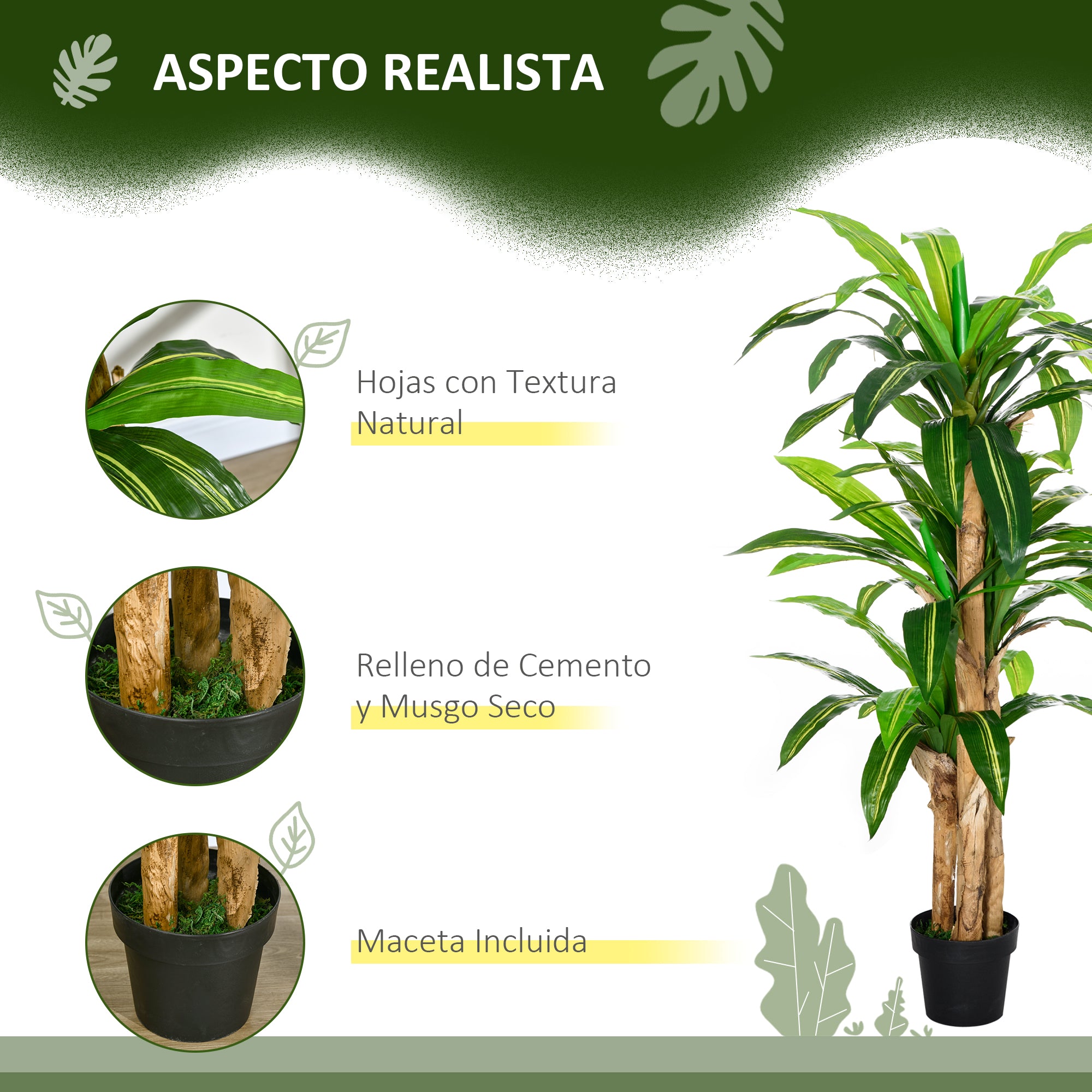 Artificial Dracaena 160 cm with Pot Artificial Plant with 66 Moss Leaves Tropical Tree for Garden Balcony Office Living Room Ø20x160 cm Green