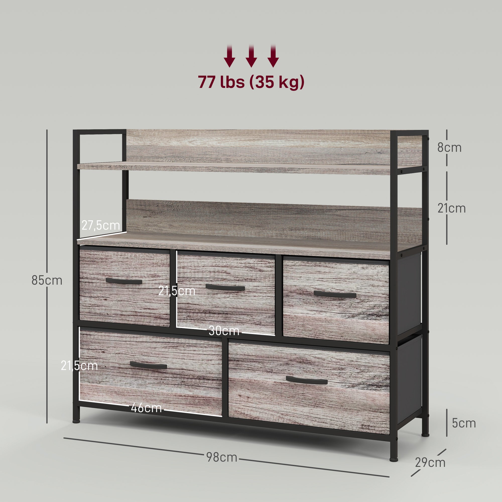 Chest of Drawers with 5 Fabric Drawers, Storage Cabinet, Dresser with 2 Shelves, Steel Frame, Industrial Design for Living Room, Bedroom Grey