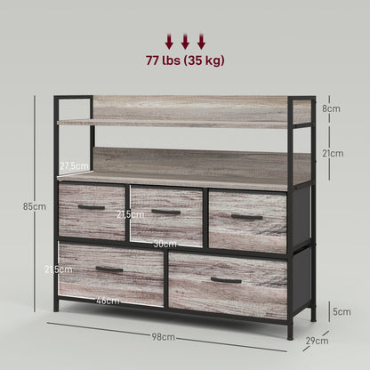 Chest of Drawers with 5 Fabric Drawers, Storage Cabinet, Dresser with 2 Shelves, Steel Frame, Industrial Design for Living Room, Bedroom Grey