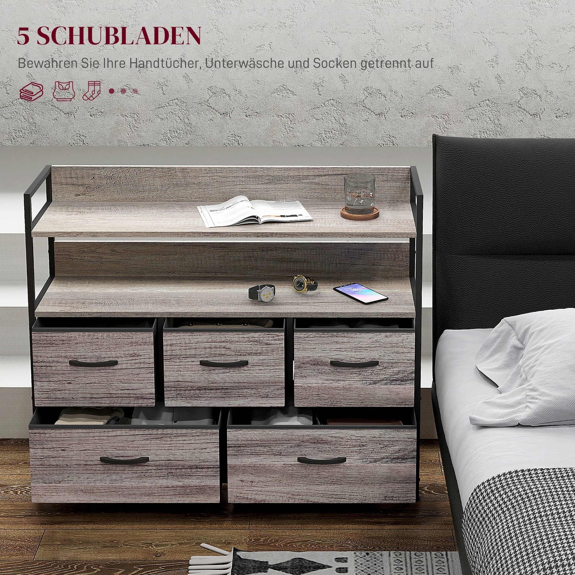 Chest of Drawers with 5 Fabric Drawers, Storage Cabinet, Dresser with 2 Shelves, Steel Frame, Industrial Design for Living Room, Bedroom Grey