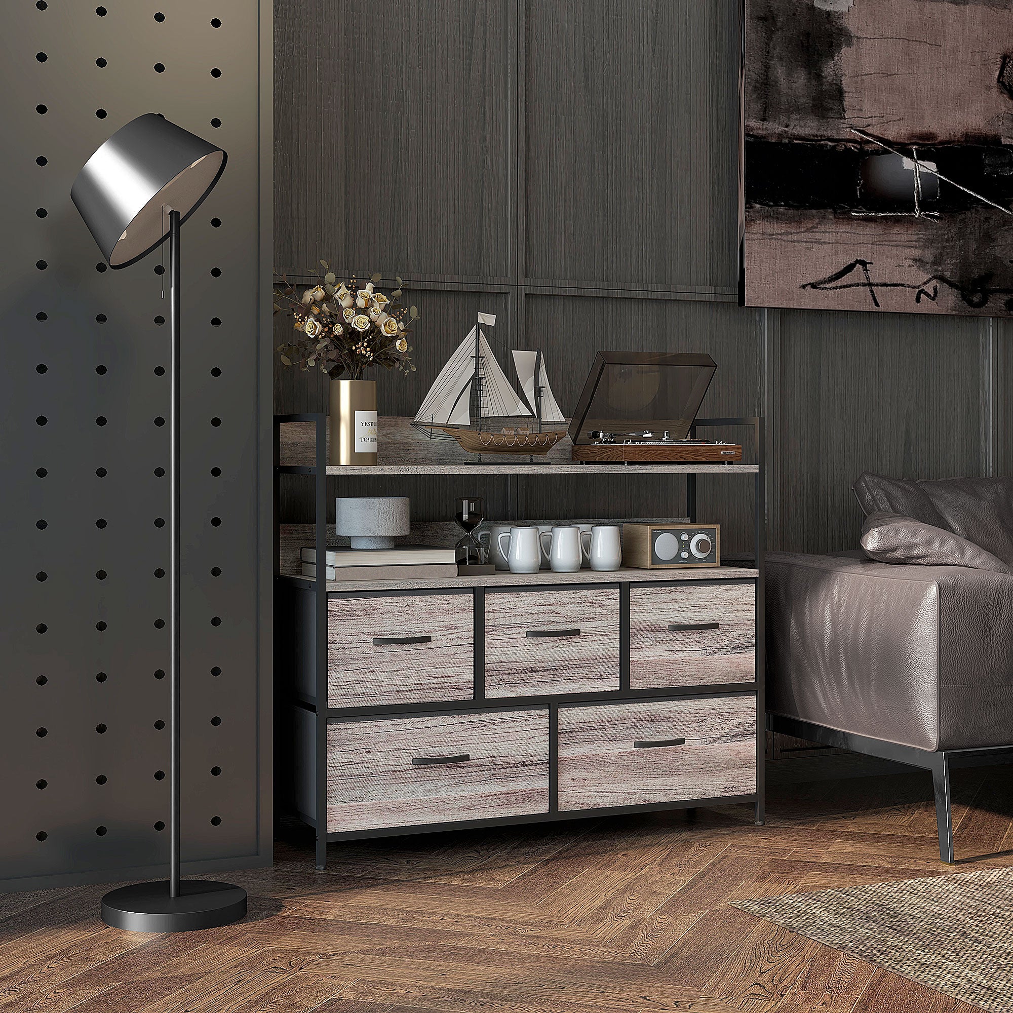 Chest of Drawers with 5 Fabric Drawers, Storage Cabinet, Dresser with 2 Shelves, Steel Frame, Industrial Design for Living Room, Bedroom Grey