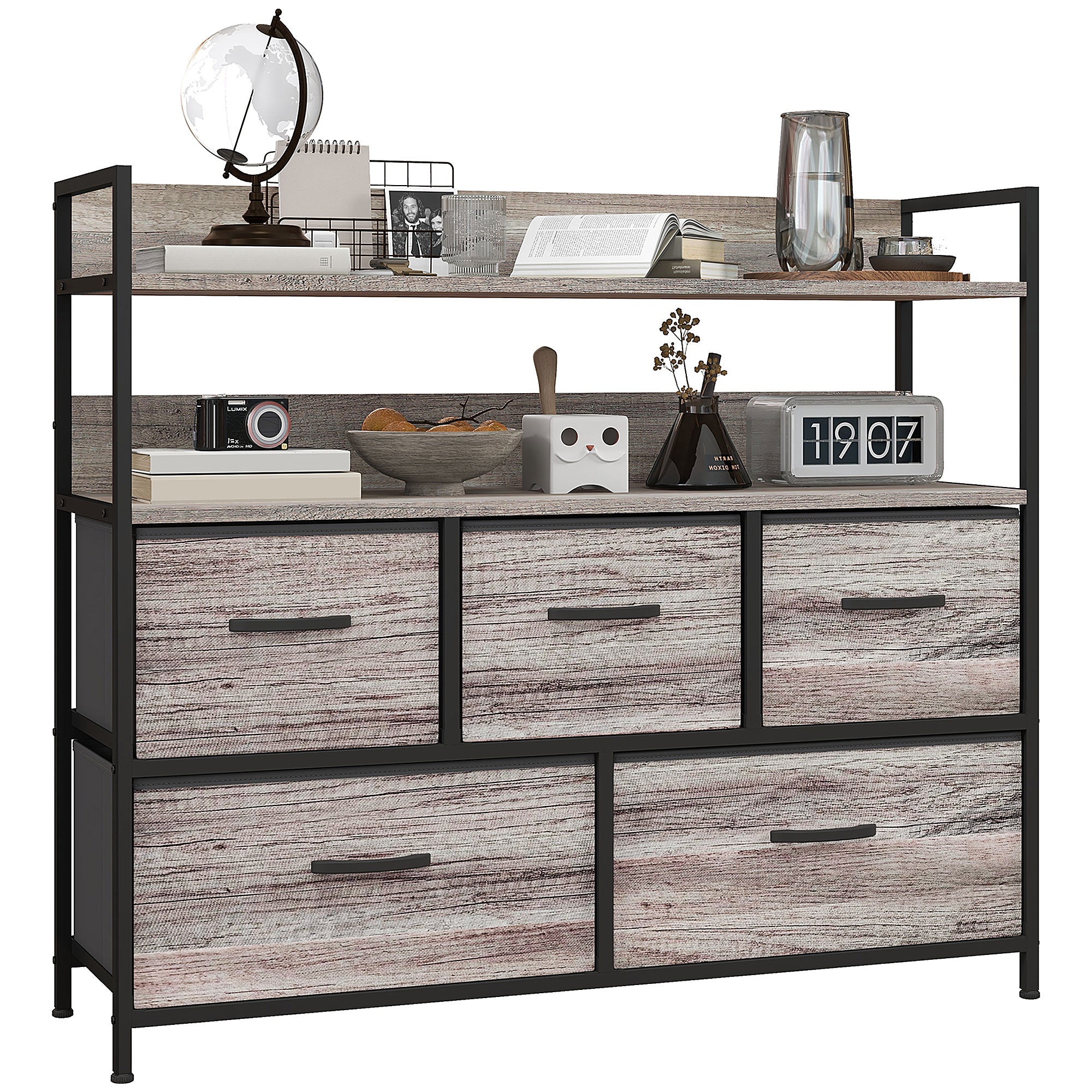 Chest of Drawers with 5 Fabric Drawers, Storage Cabinet, Dresser with 2 Shelves, Steel Frame, Industrial Design for Living Room, Bedroom Grey