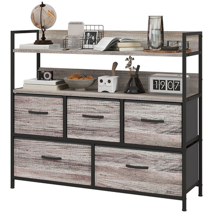 Chest of Drawers with 5 Fabric Drawers, Storage Cabinet, Dresser with 2 Shelves, Steel Frame, Industrial Design for Living Room, Bedroom Grey