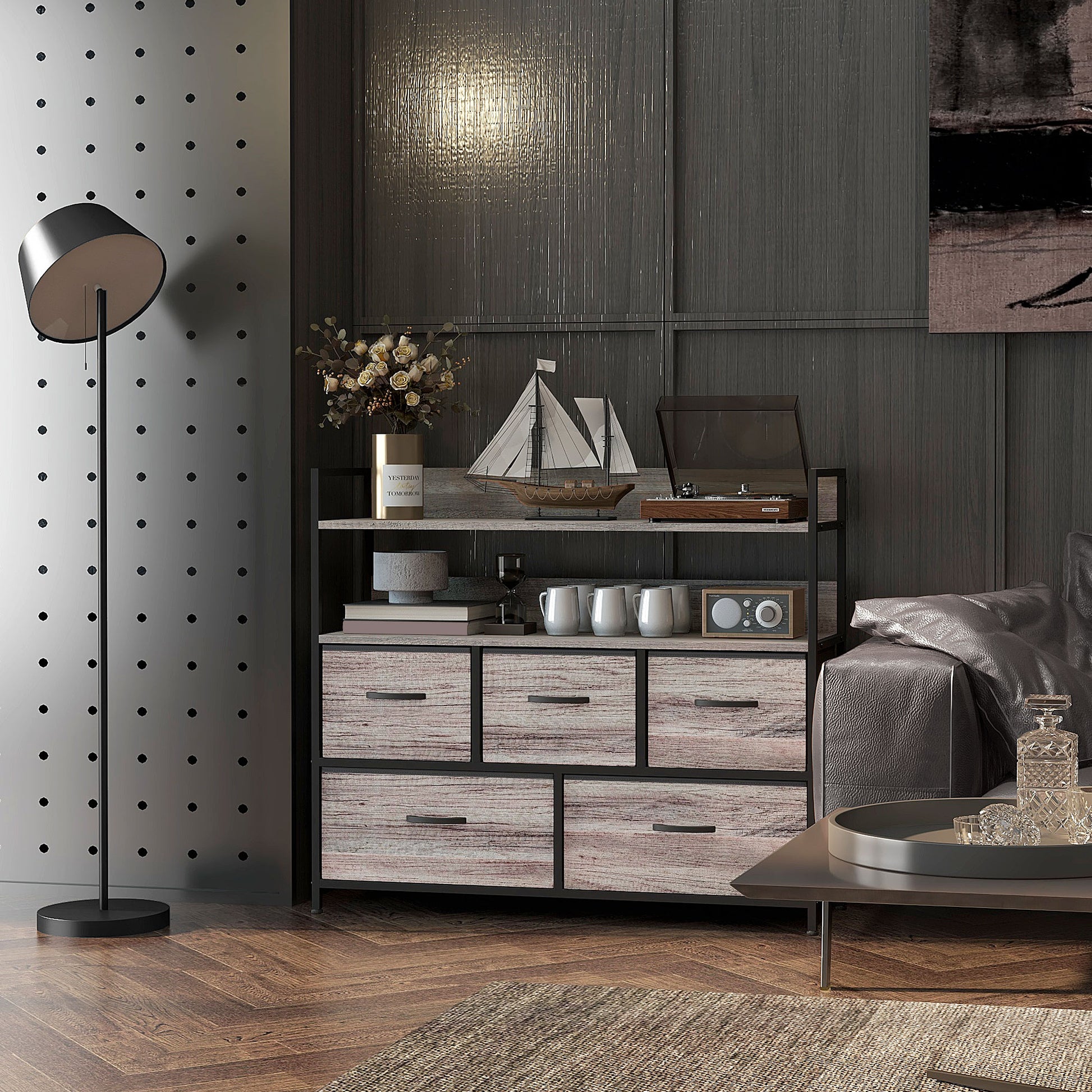 Chest of Drawers with 5 Fabric Drawers, Storage Cabinet, Dresser with 2 Shelves, Steel Frame, Industrial Design for Living Room, Bedroom Grey