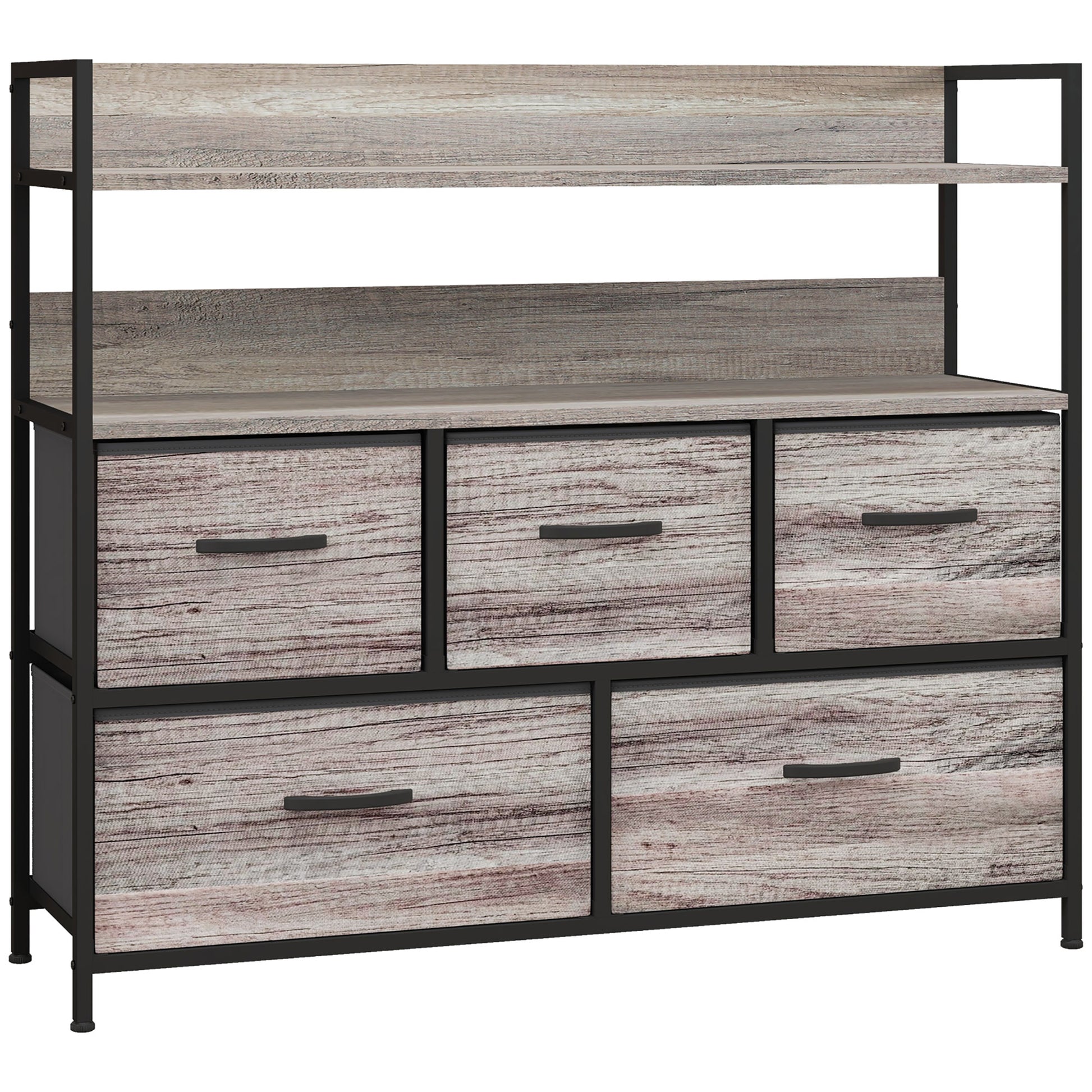 Chest of Drawers with 5 Fabric Drawers, Storage Cabinet, Dresser with 2 Shelves, Steel Frame, Industrial Design for Living Room, Bedroom Grey