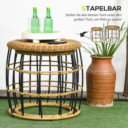 Rattan Side Table 2-Piece Set, Coffee Table, Stackable End Table, Hand-woven Coffee Table for Garden, Balcony, Steel, Khaki