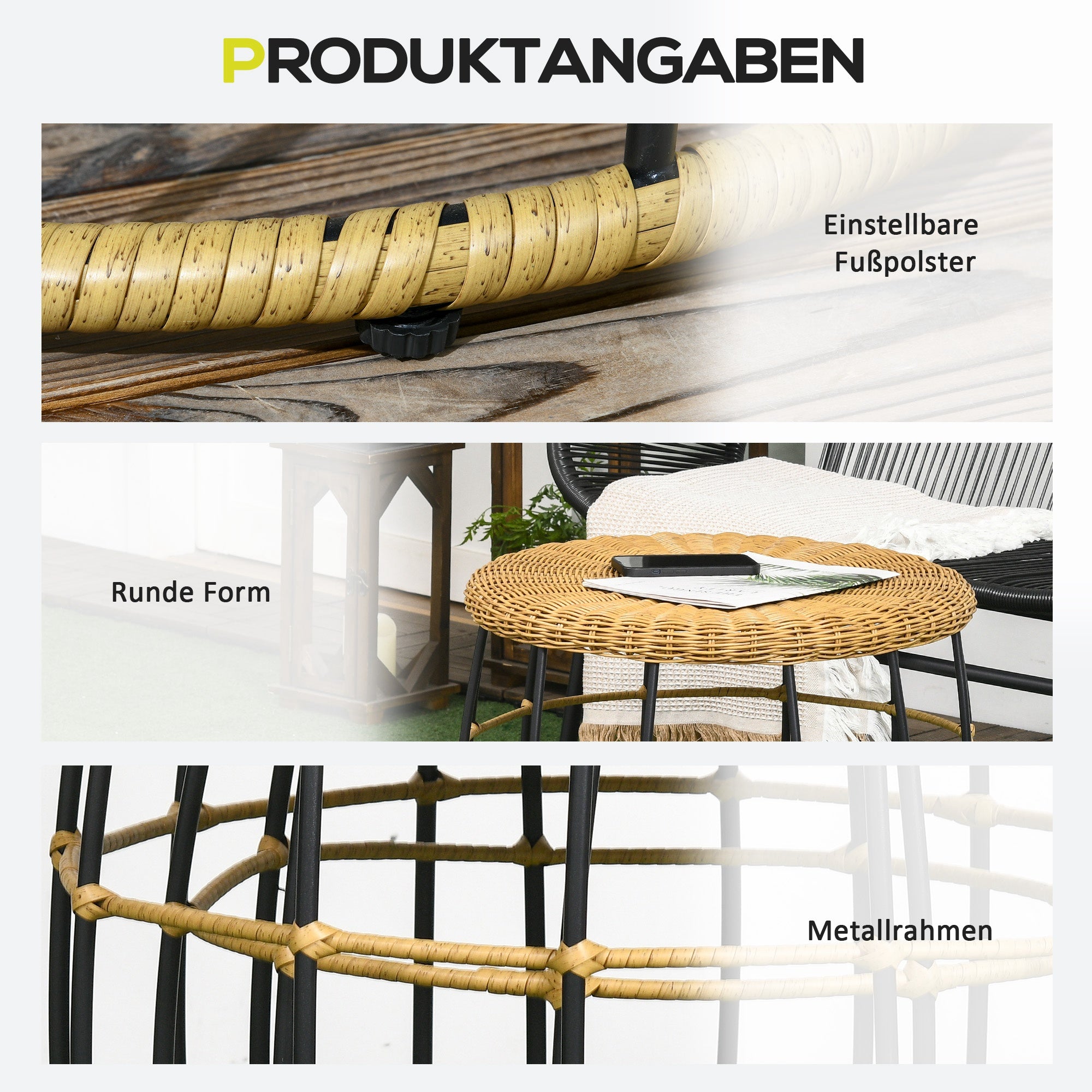 Rattan Side Table 2-Piece Set, Coffee Table, Stackable End Table, Hand-woven Coffee Table for Garden, Balcony, Steel, Khaki