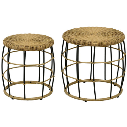 Rattan Side Table 2-Piece Set, Coffee Table, Stackable End Table, Hand-woven Coffee Table for Garden, Balcony, Steel, Khaki